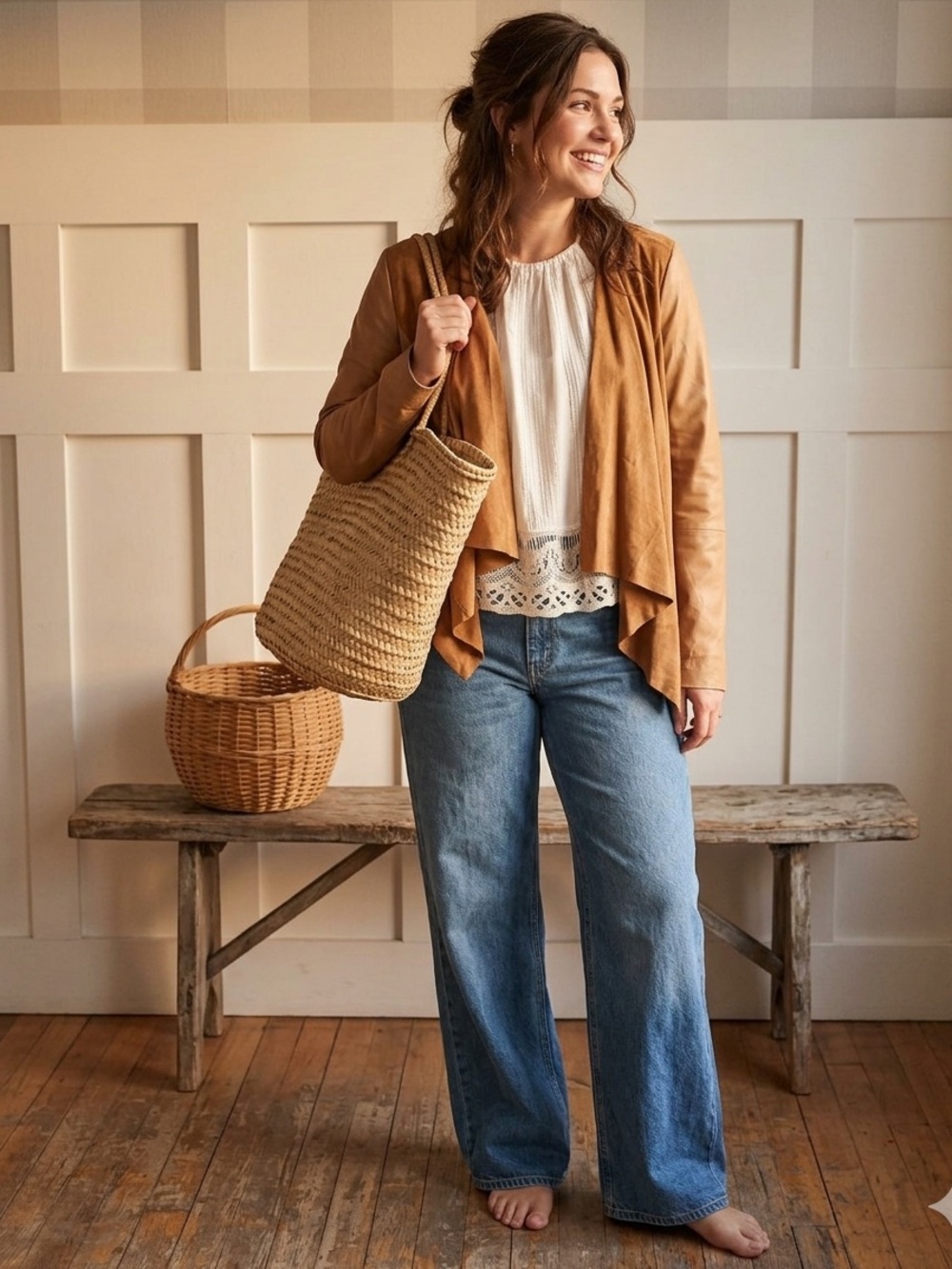 hinge Brown Suede & Leather Draped Open-Front Jacket Large